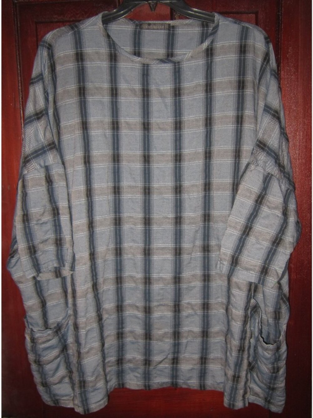Cut Loose One Size Lagenlook Tunic Top Blouse Shirt Plaid Pockets Textured Roomy